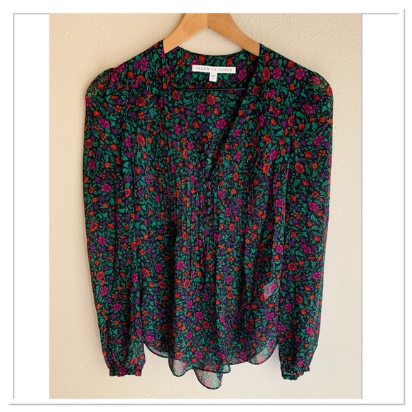 Veronica Beard Lowell Silk Blouse V Neck Long Sleeve Floral Red Green Size 0 - Picture 1 of 9